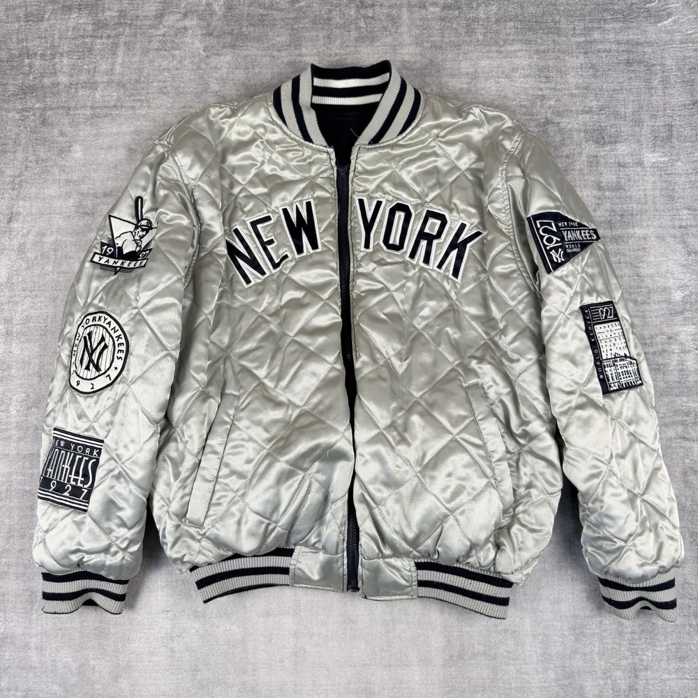 New York Yankees Jacket Mens Medium Blue Silver Reversible Quilted G3 Sports MLB